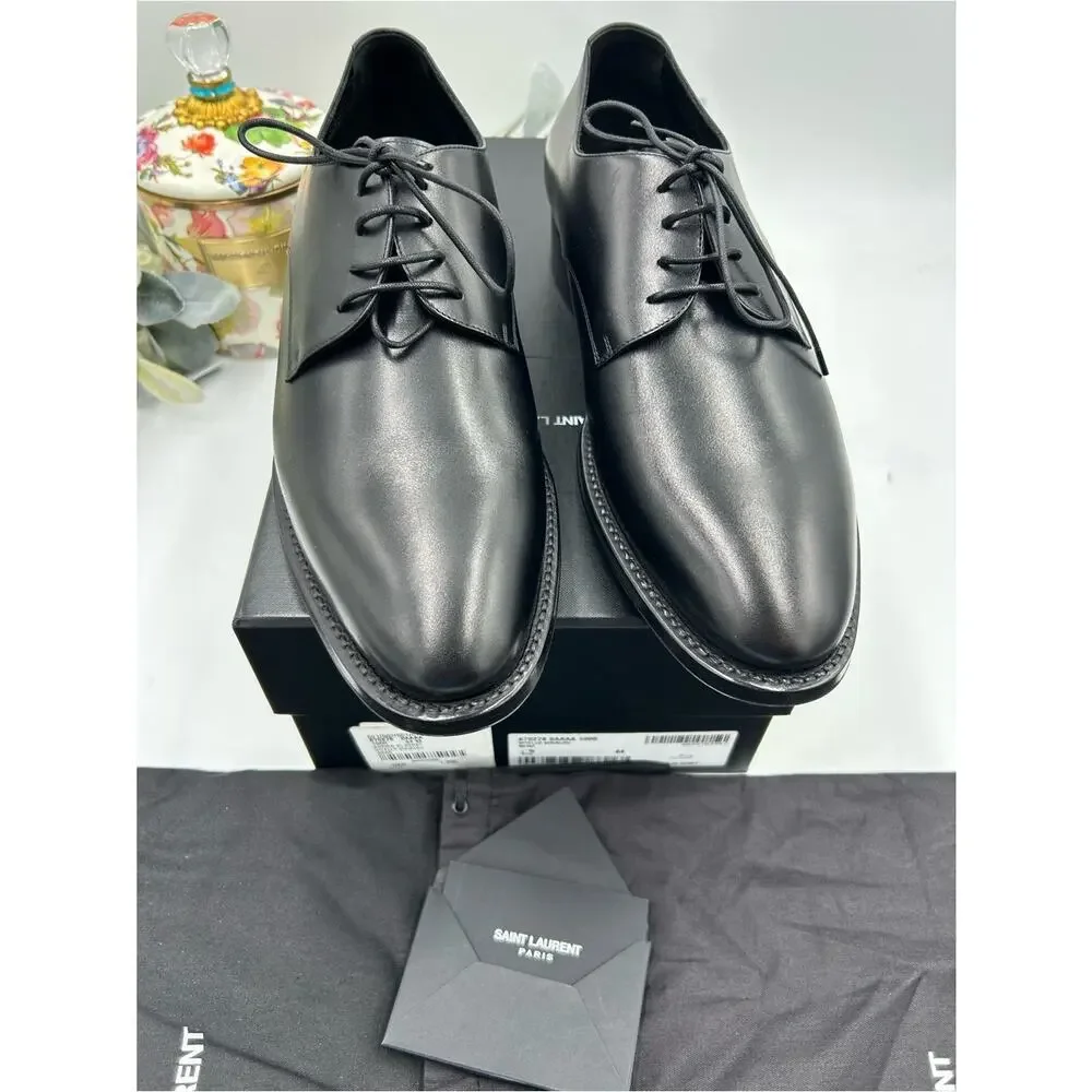 Men's Saint Laurent ADRIEN Derby shoes in Black glazed Leather size 44 Italy
